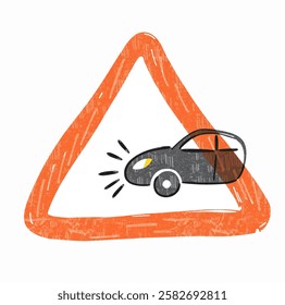 Illustration of red triangular car crash warning sign for road safety designs. Suitable for traffic guides, digital banners, and educational infographics.