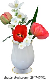 illustration with red tulip and jasmine flowers isolated on white background