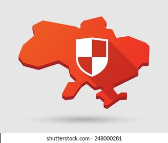 Illustration of a red Ukraine map icon with a shield