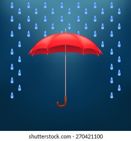 illustration of red umbrella with rain on dark blue background