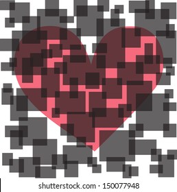 Illustration with a red valentine hearts on abstract squares background