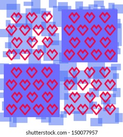 Illustration with a red valentine hearts on abstract squares background