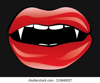 Illustration of red vampire lips on dark background.