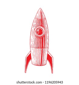 Illustration of Red Vectorized Ink Sketch of Rocket isolated on a White Background