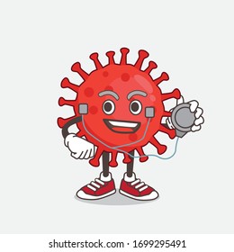 An illustration of Red Virus cartoon mascot character as a Doctor working with stethoscope