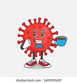 An illustration of Red Virus cartoon mascot character with a cup of coffee