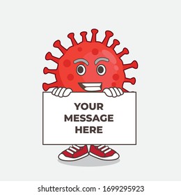 An illustration of Red Virus cartoon mascot character with funny face hides behind a board