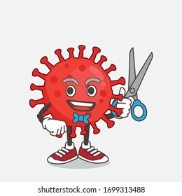 An illustration of Red Virus cartoon mascot character as smiling barber with scissors on hand