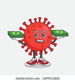 An illustration of Red Virus cartoon mascot character with money on hands