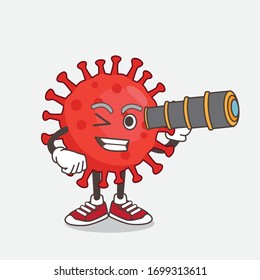 An illustration of Red Virus cartoon mascot character using a monocular