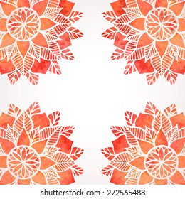 Illustration with red watercolor flower pattern. Abstract lace circled ornaments in oriental indian, boho style. Vector elements for design of frame, border, background, card, invitation