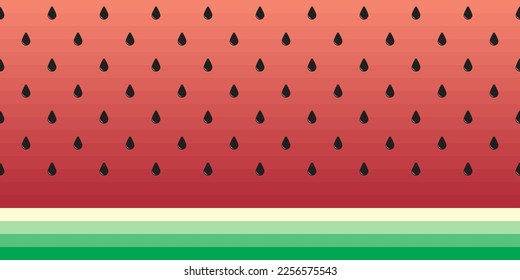 Illustration of red watermelon slices. Watermelon cut with seeds and rind. Background with gradations of red, white, green. Simple flat vector for advertising of fruit, food or drink products.