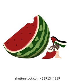 Illustration of a red watermelon symbol of the Palestinian flag, with a crying girl carrying the flag