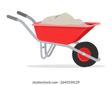 Illustration of a Red Wheelbarrow Full of Sand Isolated on White Background in Flat Style