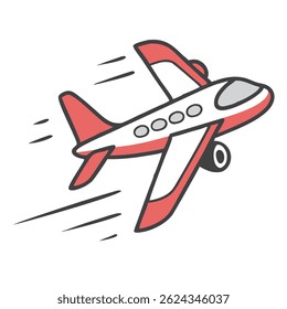 illustration of a red and white airplane flying at high speed, isolated on white background. Perfect for travel, aviation, and transportation themes.
