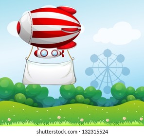 Illustration of a red and white airship carrying an empty banner