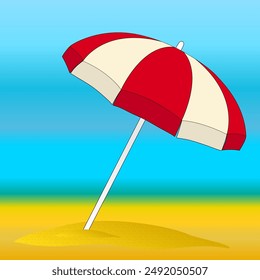 Illustration of a red and white beach umbrella in the sand against a bright blue sky. Perfect for summer-themed designs and projects.