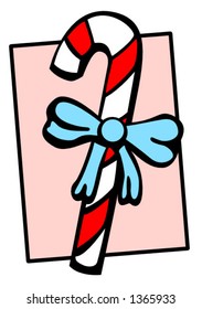 illustration of a red and white candy cane with a blue ribbon bow