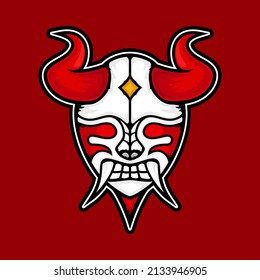 illustration of a red and white demon mask with red horns, and white fangs. suitable for mascot, logo or t-shirt design