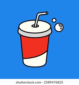 Illustration of a red and white soda cup with a straw on a blue background. Simple soda cup design with bubbles. Cartoon soda cup for beverage themes. Drink illustration vector.