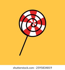 Illustration of a red and white spiral lollipop on a stick. Lollipop on a yellow background. Simple, colorful lollipop design. Candy-themed lollipop art. Cute vector illustration.