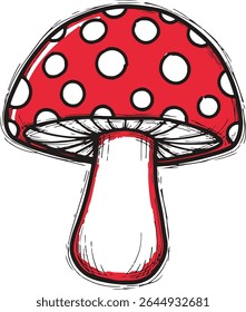 Ilustração de um cogumelo manchado vermelho e branco com brânquias e um caule grosso.