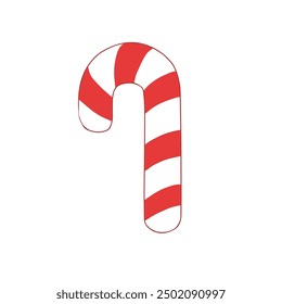 An illustration of a red and white striped candy cane, symbolizing festive Christmas celebrations and traditions.