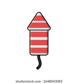 Een illustratie van een rood met wit gestreepte raket vuurwerk met een zekering. Geschikt voor vakantiethema's, feestelijke elementen of feestelijke decoraties.