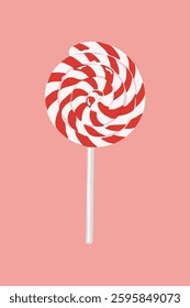 Illustration of a red and white swirled lollipop on a pink background. The lollipop features a classic candy swirl design with vibrant red and white colors. Vector illustration.