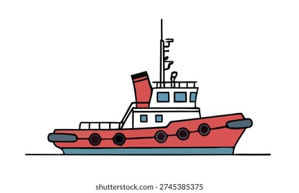 Illustration of a red and white tugboat navigating through calm waters, a versatile vessel essential for maritime operations and heavy towing