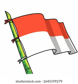 an illustration of a red and white waving flag tied to green bamboo, indonesian independence day