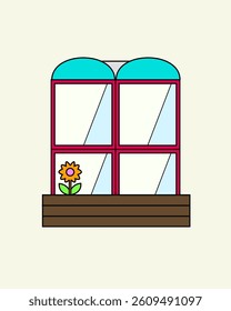 illustration of red window with little flower in front and mint color roof on top