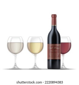 Ilustración de botellas de vino rojo y tres vasos de vino aislados en un fondo blanco