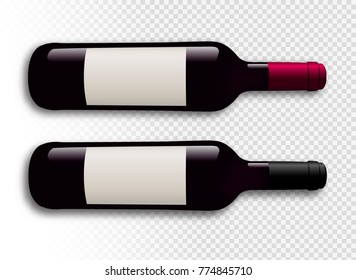 Illustration of red wine bottles with transparent background. Wine bottles with shadow. Wine bottles with label. Vector drawing isolated. Model for your designs.