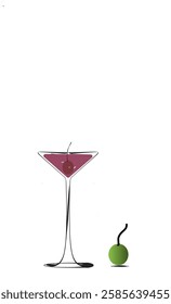 
Illustration of red wine in an elegant glass, accompanied by olives.