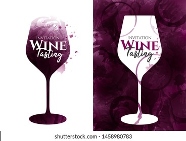 Illustration Of Red Wine Glass With Color Spots. Wine Glass Silhouette With Strokes And Wine Stains Background. Shows Text. Wine Tasting Invitation, Promotion Banner, Event Flyer. Vector Drawing.
