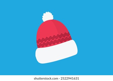 Illustration of a red winter beanie hat with a white pompom and zigzag pattern on a blue background