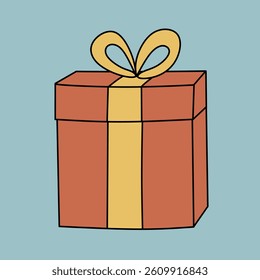 Illustration of a red wrapped present with a yellow ribbon and bow on a light blue background Use for holiday or celebration themed content.