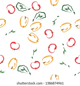 illustration of red yellow apples green leaves on white background brush pattern vector drawing