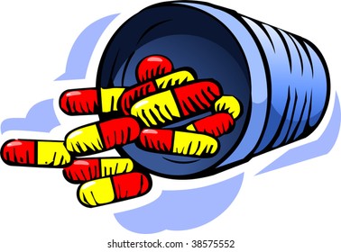 Illustration of red  and yellow  coloured tablets and container 	