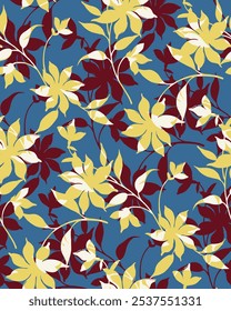 Ilustración Flores rojas y amarillas dispuestas sobre un fondo azul. Diseño textil floral sin costuras.