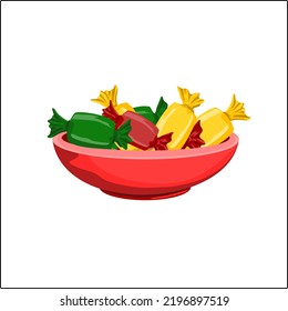 Illustration of red, yellow, green candies in a bowl. flat vector