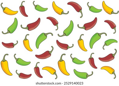 Illustration of red yellow and green chilli on white background.