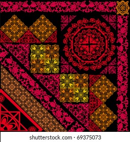 illustration with red and yellow ornament elements on black background