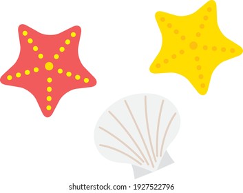 Illustration Of Red And Yellow Starfishes And A White Shellfish