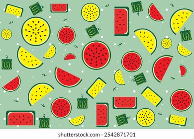 Illustration, Red and yellow watermelon on soft green background.