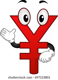 Illustration eines roten Yen-Mascot, der etwas daneben vorstellt