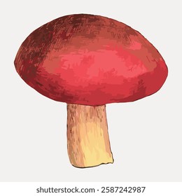 Illustration of a red-capped mushroom with a beige stem. The mushroom's red cap is vibrant, and the beige stem is detailed. Red mushroom, beige stem, detailed illustration. Vintage art, vector.