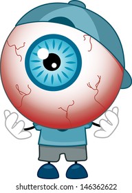 Illustration of Red-Eyed Eyeball Mascot wearing Blue Shirt, Cap, and Shoes