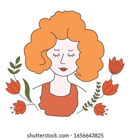 Illustration of red-haired girl in flowers